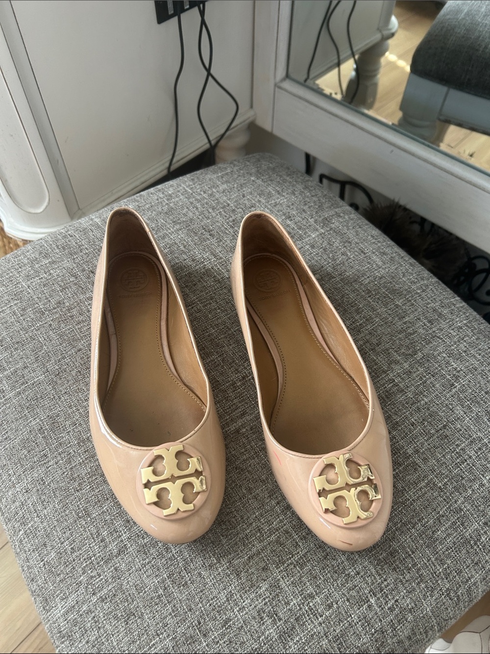 Tory Burch Nude Patent Leather Logo Ballet Flats